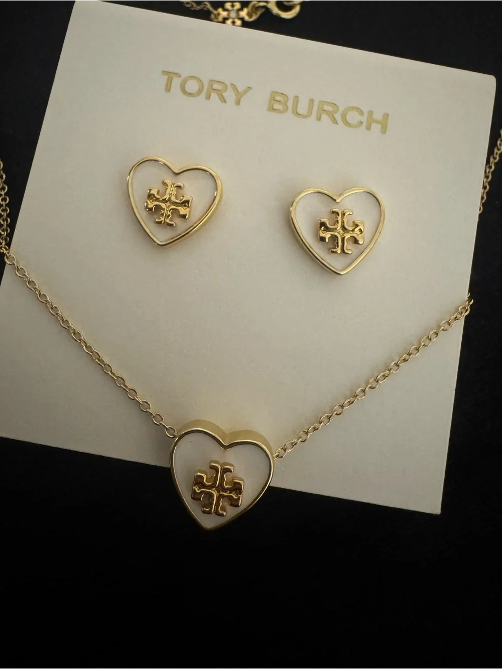 Tory Burch Gold and White Heart Logo Necklace with Matching Studs